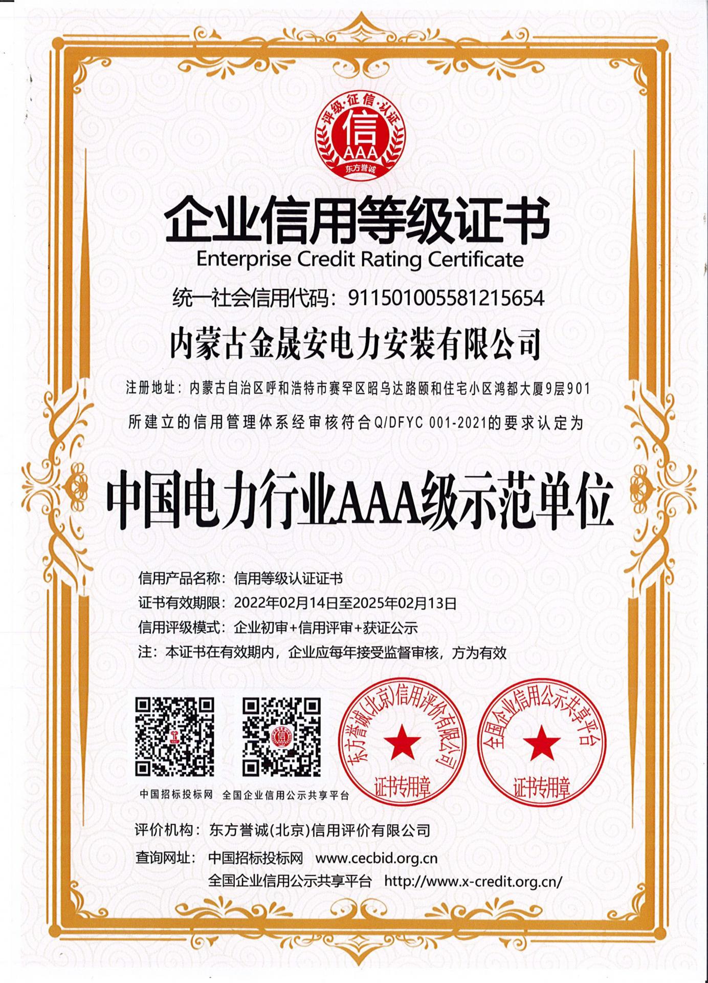 中国电力行业AAA级示范单位